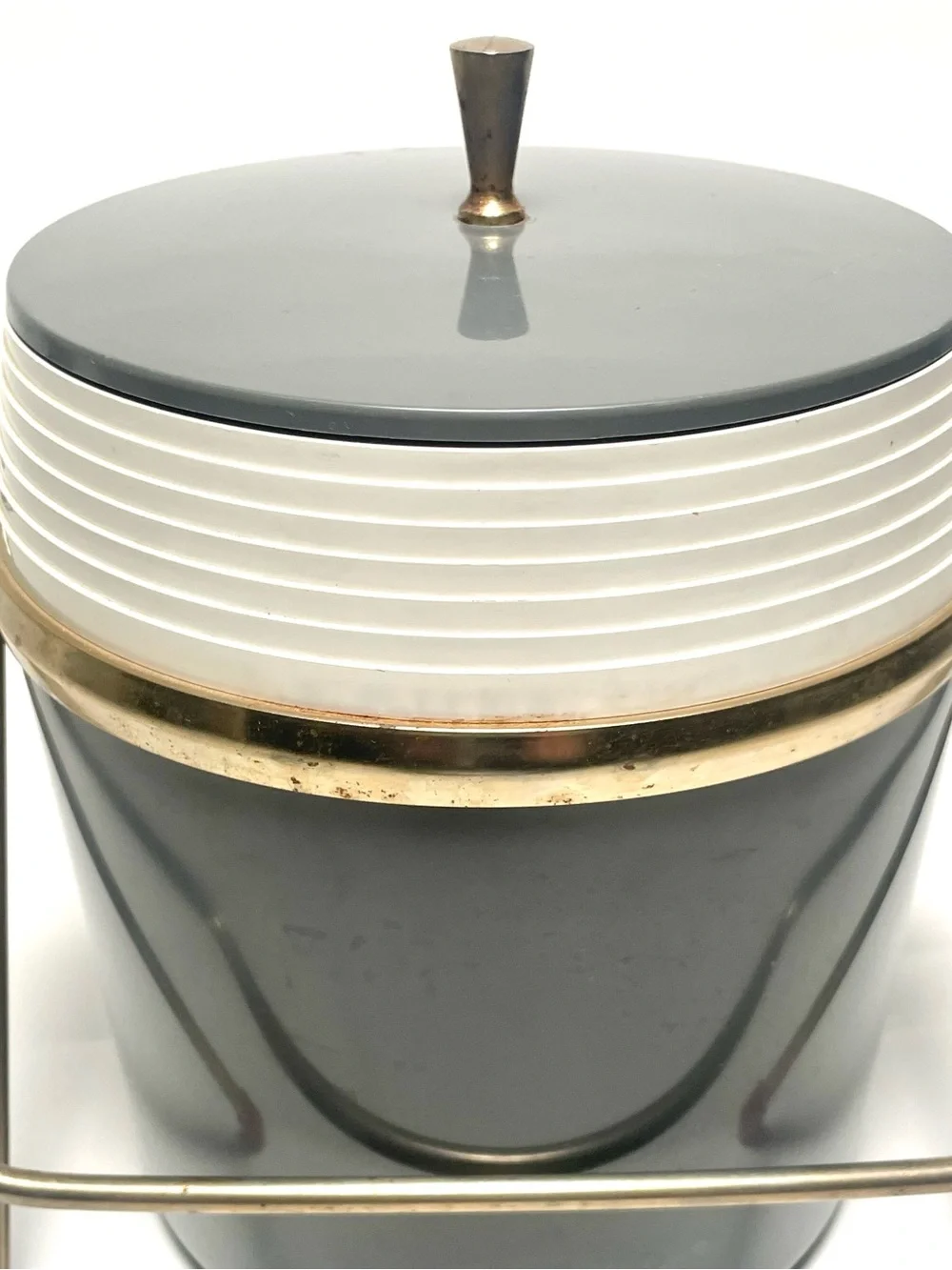 Vintage Mid Century Modern Charcoal Grey Ice Bucket & Metal Caddy Stand Legs